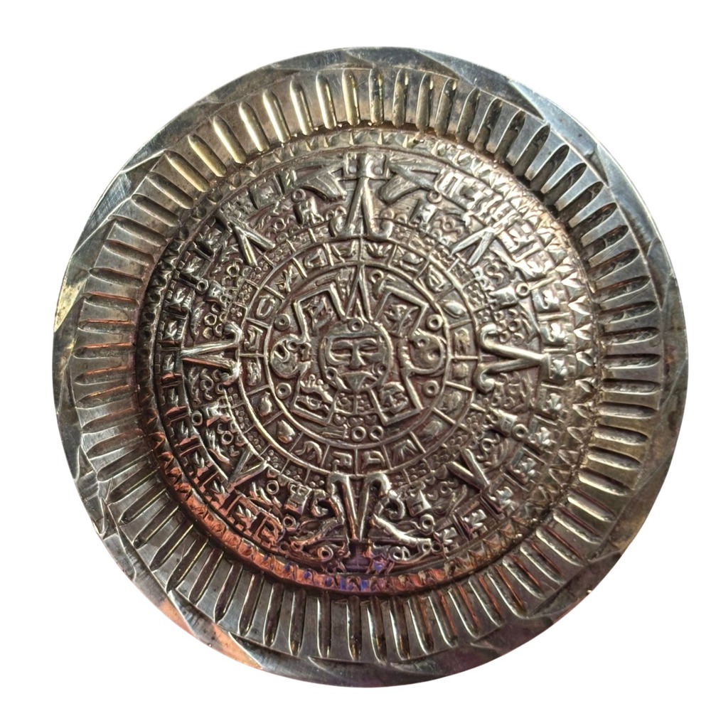 VTG Mexico Sterling Silver Aztec Calendar Sun Stone Brooch Pendant 925 RCD 11.9g